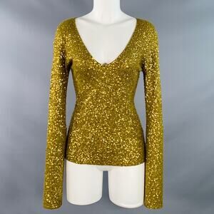 DONNA KARAN Size S Gold Olive Cashmere Silk Sequined V-Neck Long Sleeve Pullover